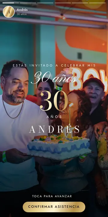 Invitación digital de cumpleaños — diseño Historias, modelo Cumpleaños dorado