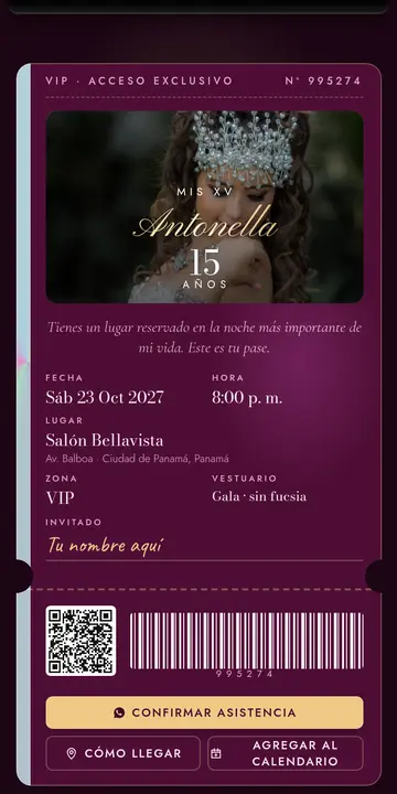 Invitación digital de xv años — diseño Boleto VIP, modelo Pase VIP