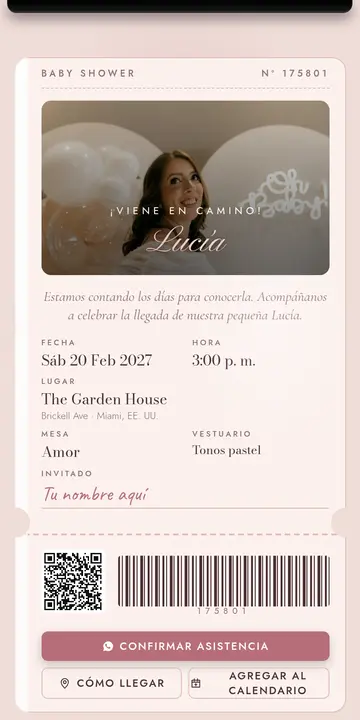 Invitación digital de baby shower — diseño Boleto VIP, modelo Pase al baby shower