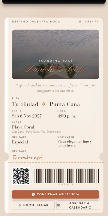 Invitación digital de bodas — diseño Boleto VIP, modelo Pase de abordar