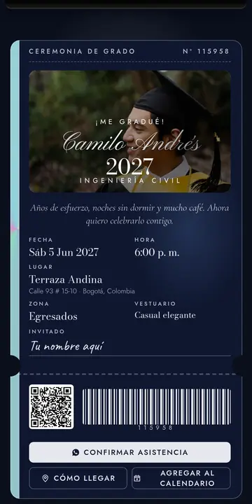 Invitación digital de grados — diseño Boleto VIP, modelo Pase de grado