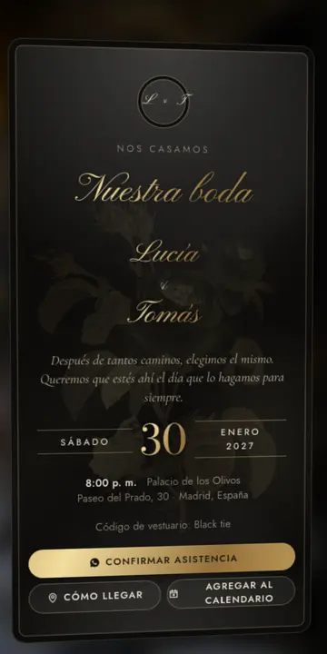Invitación digital de bodas — diseño Espejo metálico, modelo Gala negro y oro