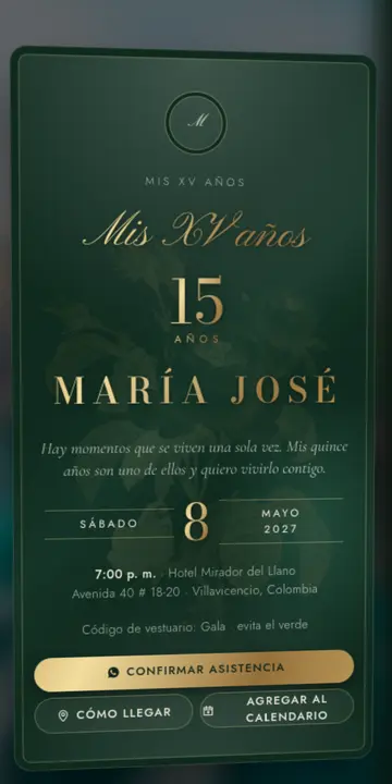 Invitación digital de xv años — diseño Espejo metálico, modelo Esmeralda real