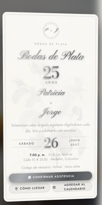 Invitación digital de aniversarios — diseño Espejo metálico, modelo Bodas de plata