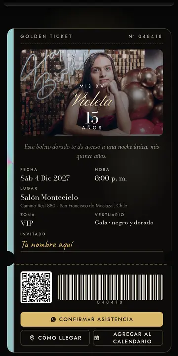 Invitación digital de xv años — diseño Boleto VIP, modelo Golden ticket